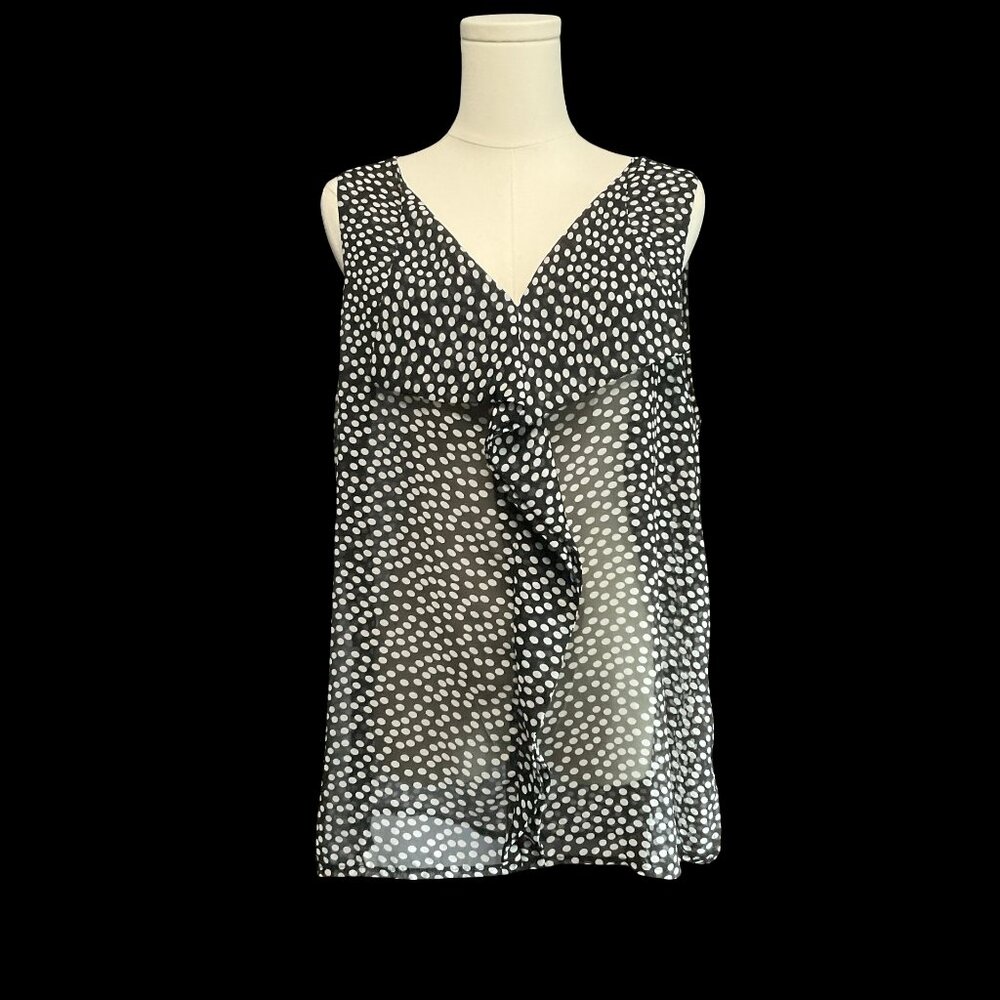 Black/White Polka Dot Print Sheer Blouse w/ Ruffle Detail